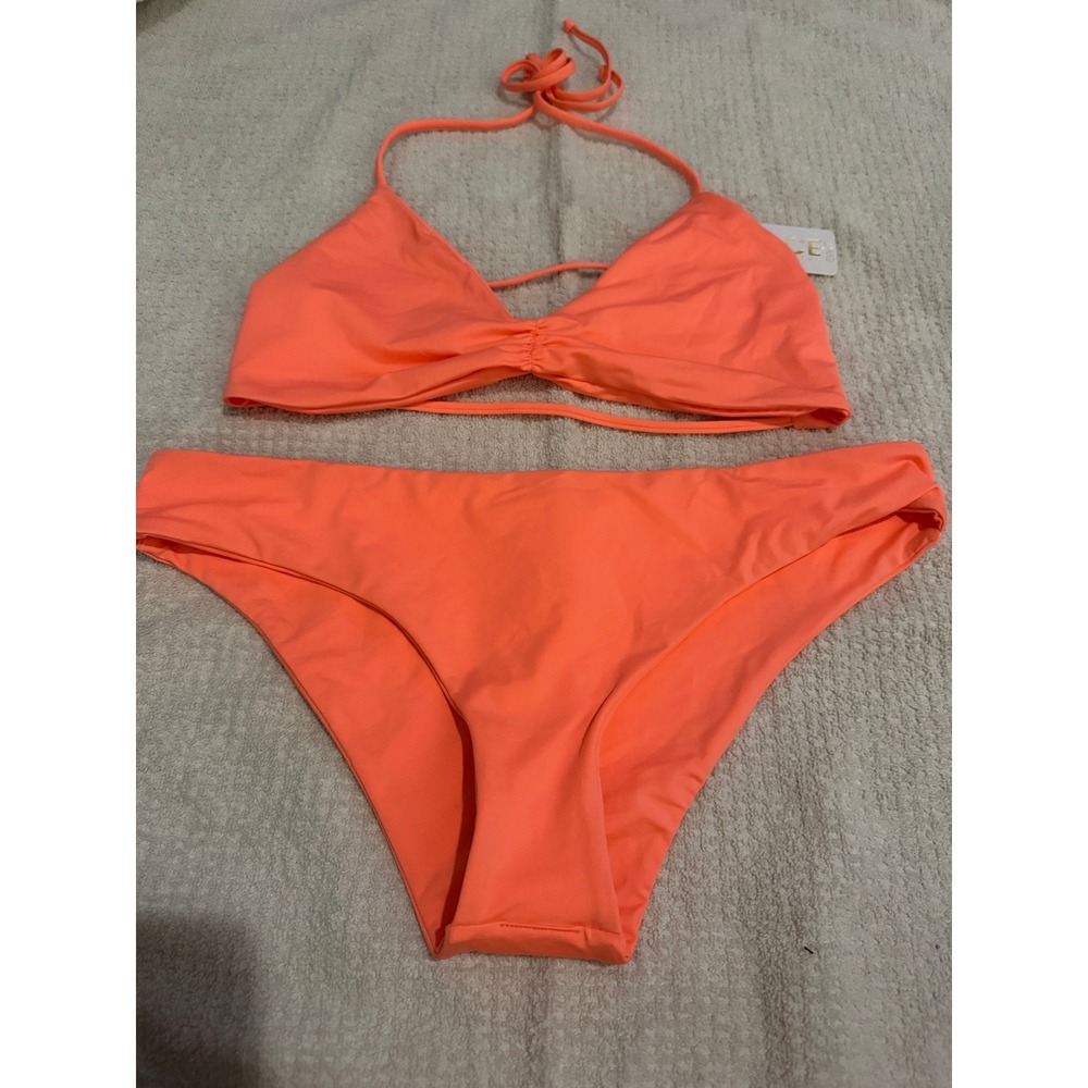 L Space Bikini Set Neon Coral Orange Triangle Top Low Rise Bottoms NWT